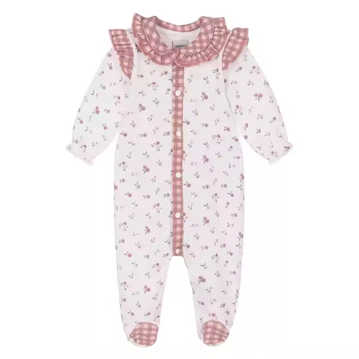 Baby pajamas plaid collar ruffle print fabric footed pajamas design customization