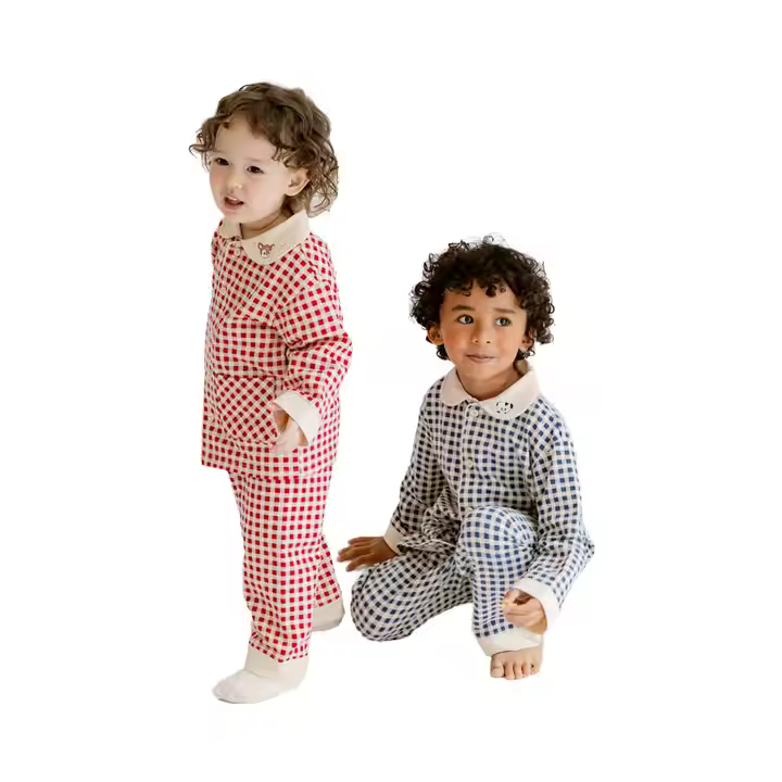 Customized pajamas sets for brother sister sets with embroidery collar