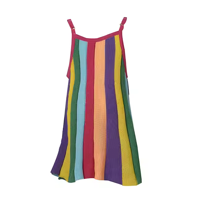 2025 Wholesale Custom Baby Children Clothing Summer Elegant Rainbow Striped Fashion Cotton Kids Girls Slip Knitted Dresses