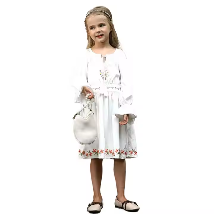 factory custom white comfortable Breathable girls dresses with Embroidered flower casual rural style kids clothing 2025 popular