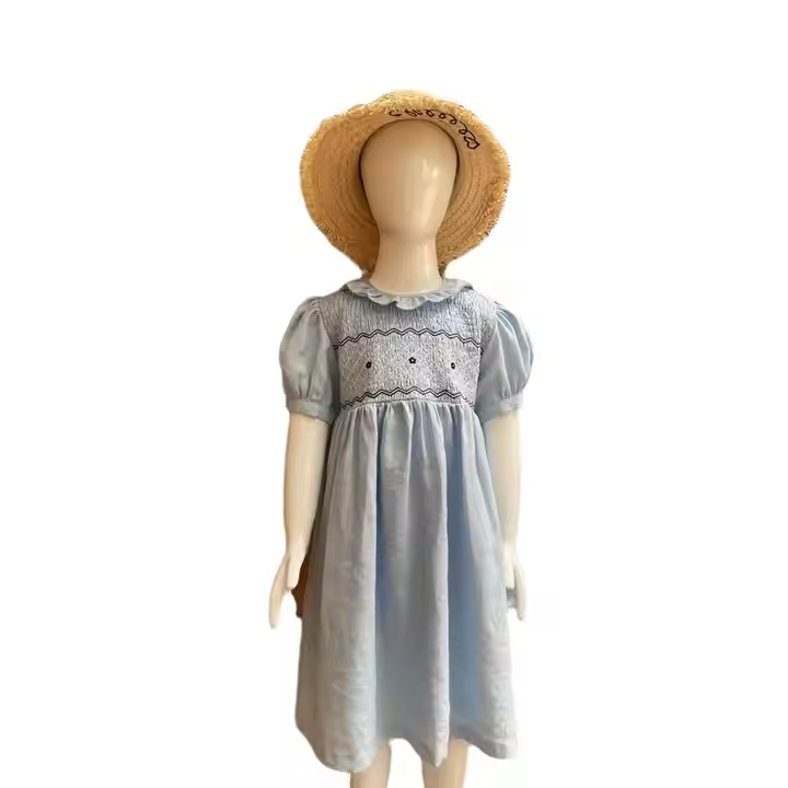 Latest new fashion smocking design 2025 summer floral casual dress blue long smocking stitch baby girl dresses