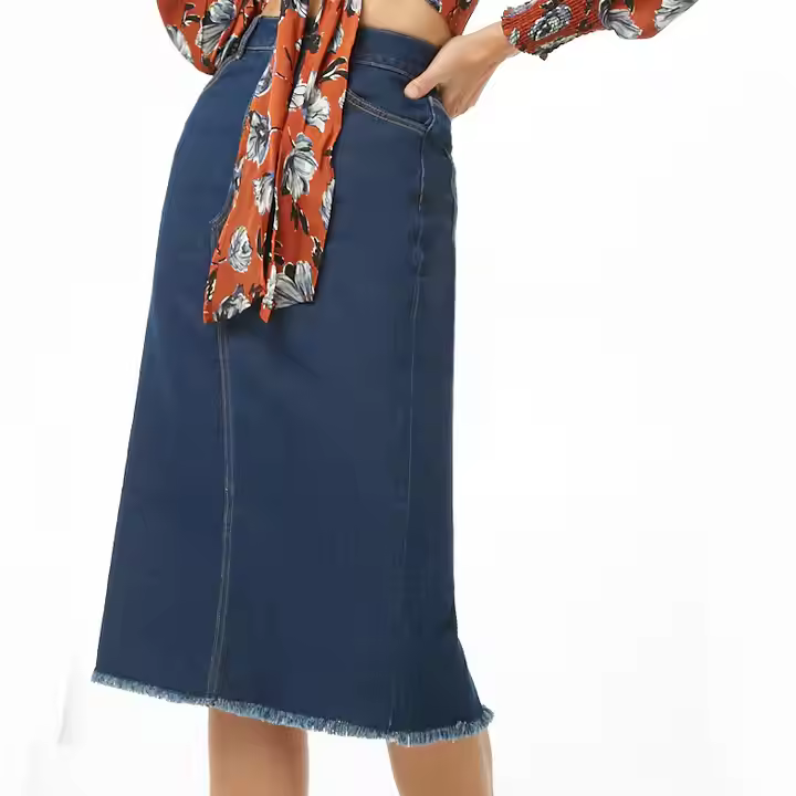 Lady women Frayed denim pencil skirt factory