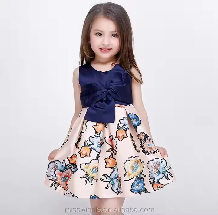 Oem Children Clothes Vendor High End Spanish Party Printed Bow Kids Dresses For Girls 2-12