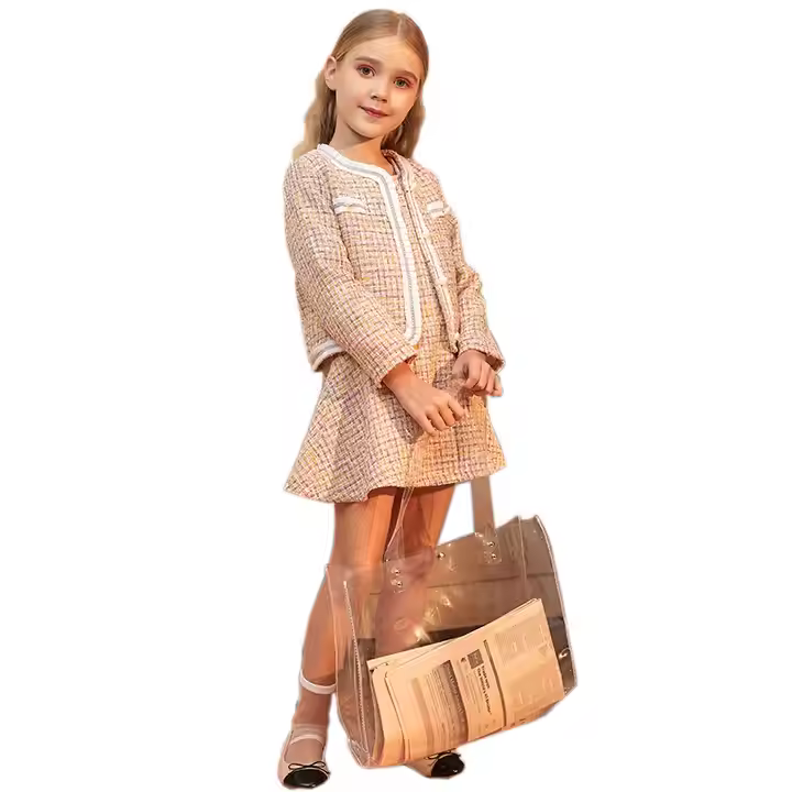 High fashion customize brand name girls tweed dress clothes set