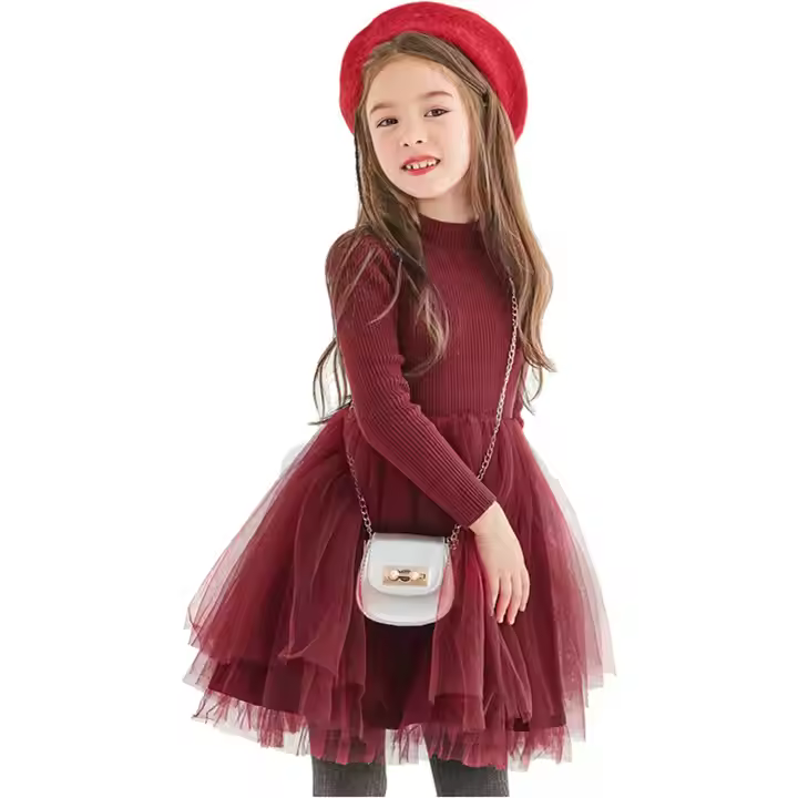Burgundy color comfortable baby girl winter dress warm tutu girls' sweater dresses
