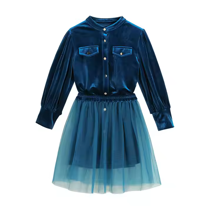 Fashion children's clothing long-sleeved girl dresses 6 to 14 years velour toddler girls dresses with mesh skirt in 2 piece set