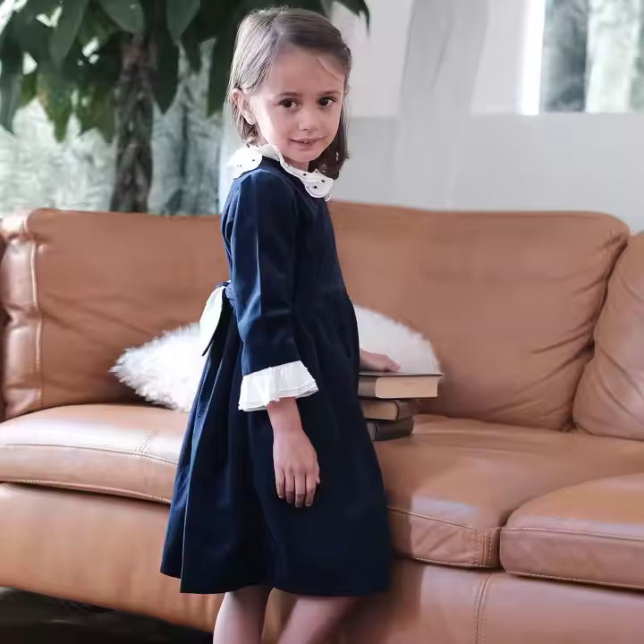 Wholesale ruffles collar kids long sleeve velvet evening dresses