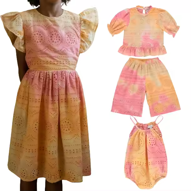 Custom brother sister clothing 100% eyelet tie dye girl romper and dress baby girl kids clothing clothes girl children clothing