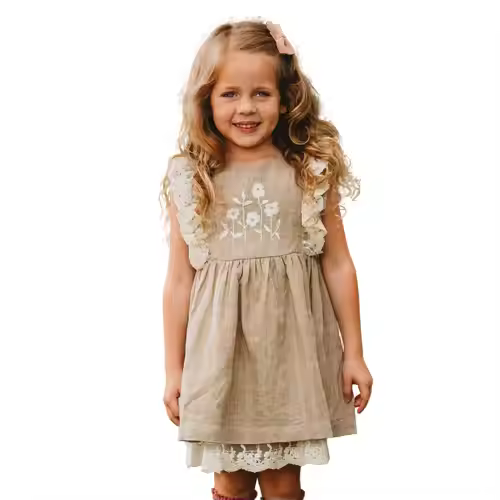 ODM guangzhou summer kids dress linen for girls embroidery floral lace cotton Natural oat cotton linen dresses for children