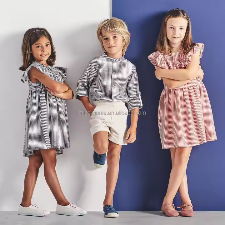 Guangzhou red and ivory stripe or navy and ivory stripe toddler girls dresses 2-12 cotton custom kids clothing suit set for boys