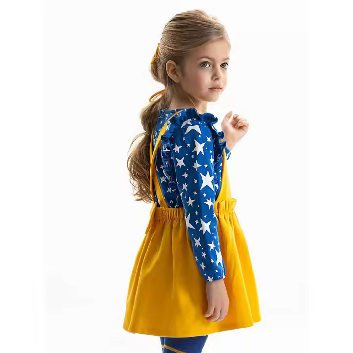 New stylish bright blue ruffle sleeve long sleeve beautiful star girls t-shirts and skirt with shoulder-straps baby girls outfit