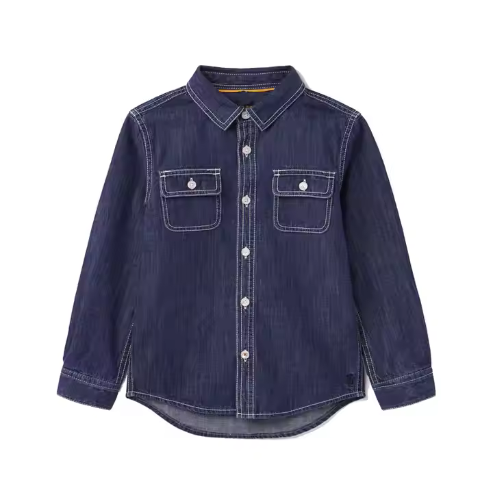 Casual boys shirt denim blue contrast white stitching jeans shirt for kids