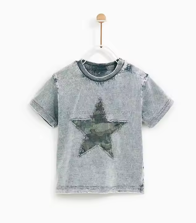 OEM custom latest design boy's clothing casual style short sleeves embroidered star pattern children kids boys old denim T-shirt