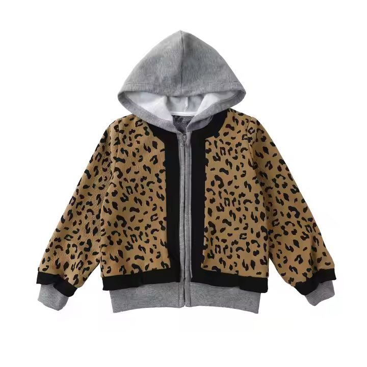 Guangzhou china custom leopard print kids sweatshirts hoodies children with front zipper winter children's sweatshirts jacket