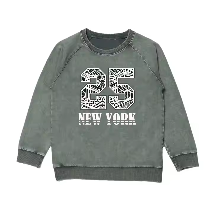 Faded wash knit denim crew neck sweatshirt custom stone washing printed boys sweatshirt