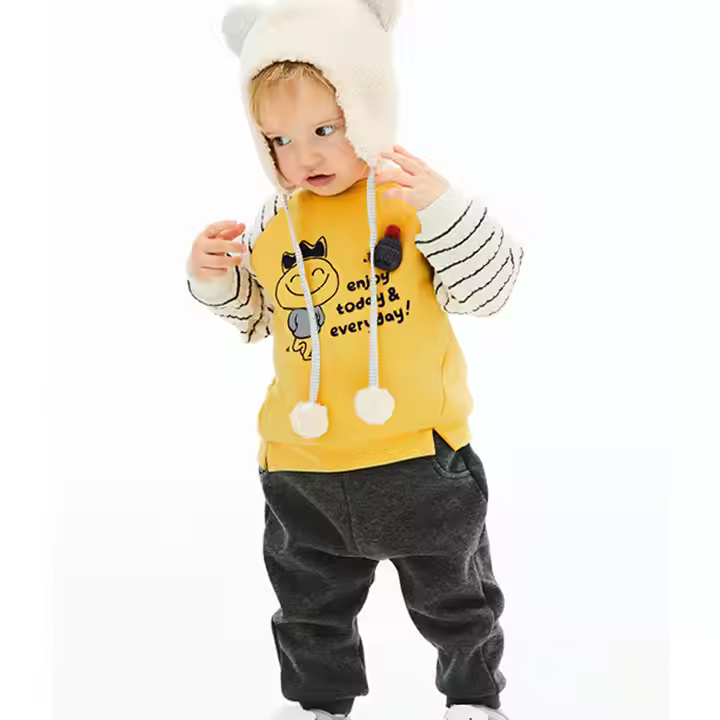 Cute cartoon fashion design daily wear custom logo striped sleeves kids hoodie with printing words boys customized hoodies