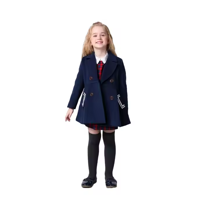 Girls winter coat quality navy wool skirt hem design style jacket coat brand production by Gaoteng company
