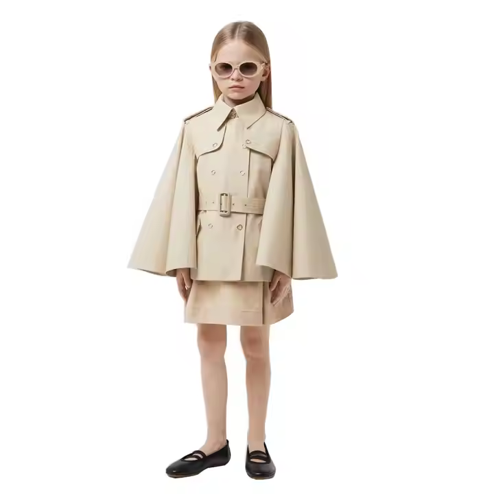 Girls trench jacket cape matching skirt 2 pieces set standard collar with belt solid cotton design