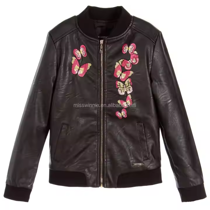 children girl winter leather jacket with butterfly embroidery pattern casual style kids clothes manufacture