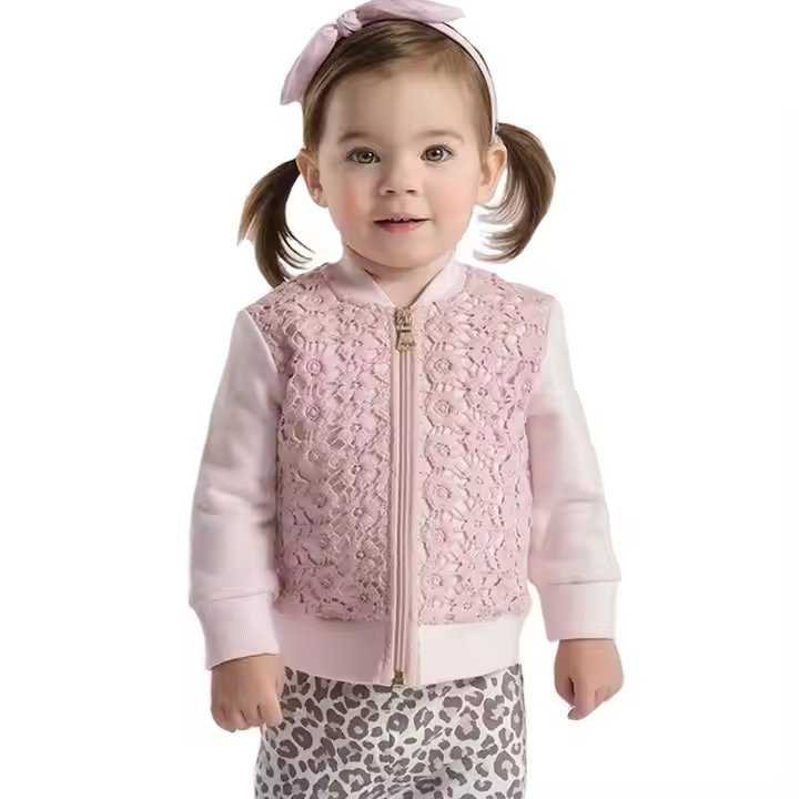 Guangzhou Wholesale Children Wear Cotton Flowers Lace Jacket Baby Girls Winter Lovely Jacket