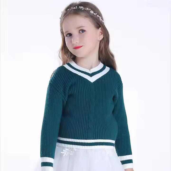 Customized pattern V neck stylish knitted pullover sweater for kids girls