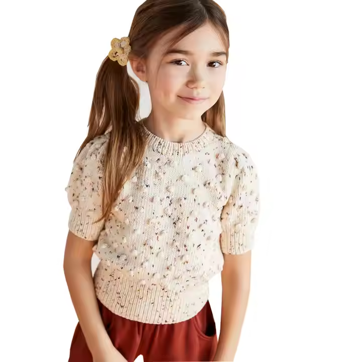 Customized vintage-style pullover puff short sleeves kids sweaters child cotton round neck childrens' sweater with pom pom