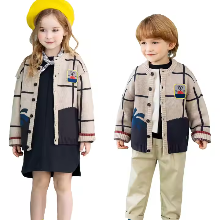 Latest Fashion Wholesale Children's Clothing Kids School Cardigan Baby Boy Girls Winter Cotton Knitted Plaid Printing Sweater