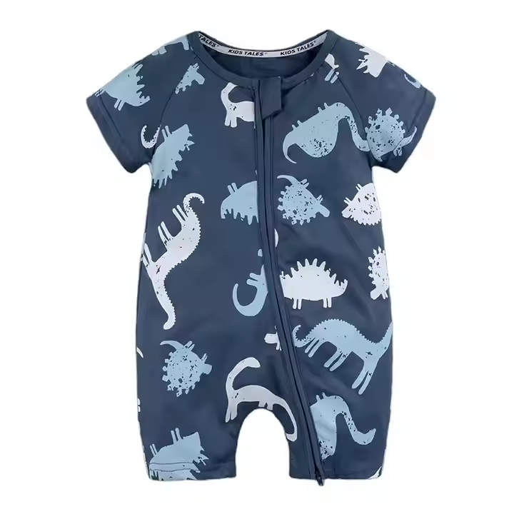 Customized Kids Clothes Infant Baby Romper Dinosaur Print Baby Jumpsuit Zip Front Summer Bamboo Newborn Baby Clothes