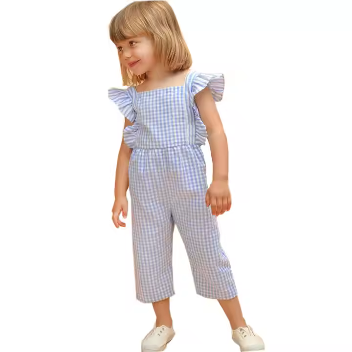 Light Blue Plaid Jumpsuit Kids Summer Rompers for Toddler Girls
