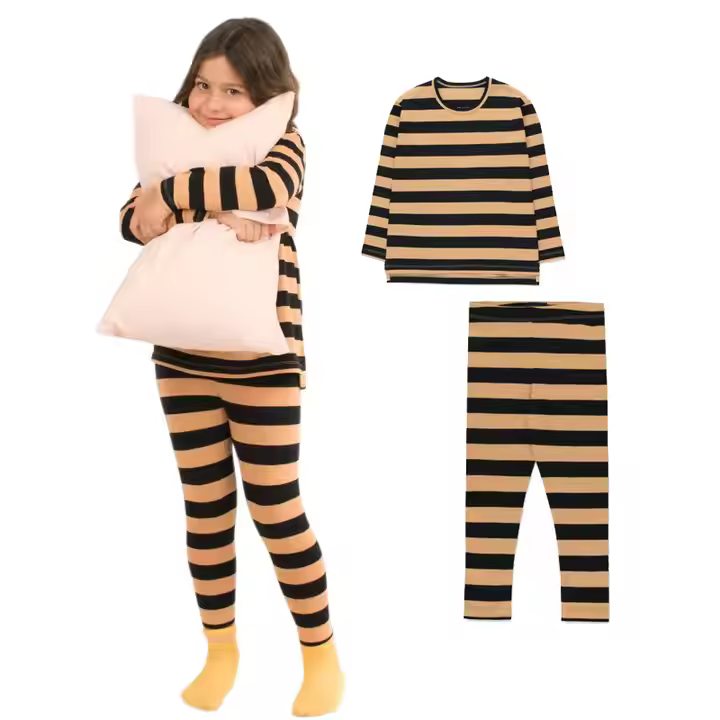 Children Long Sleeves 2 Pieces Matching Clothes Set Warm Sleepwear Striped Girls Pajamas Set