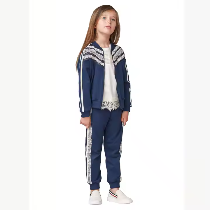 Fashion Cotton Navy Sweatshirt New Kids Set Clothing Winter Children Clothing Set With Lace Trimming