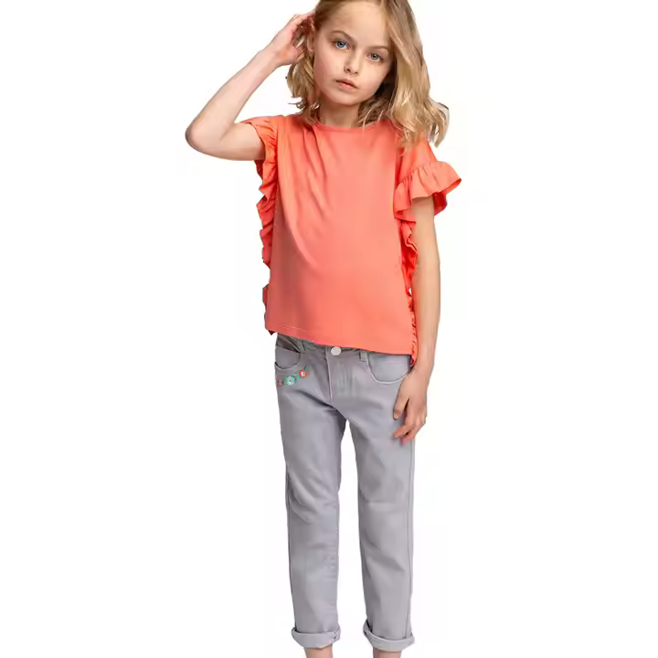 Guangzhou Wholesale High Quality Smoky Gray Long Little Girl Pants Embroidery Jeans Pant for Girls
