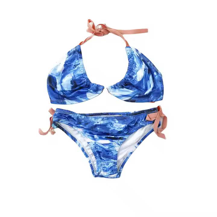 Customized OEM Little Girls Blue Ocean Color Swimwear Two Piece Kid Swimsuit Baby Swimming Suit