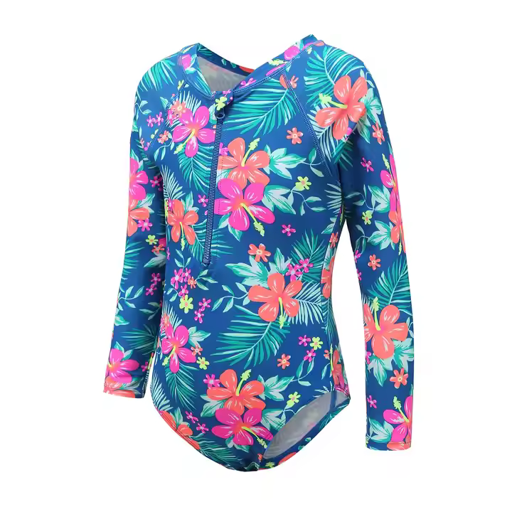 Customized Long Sleeve Swimsuit for Little Girl Bathing Suit With Sun Protection for Beach Use 3-14 Years