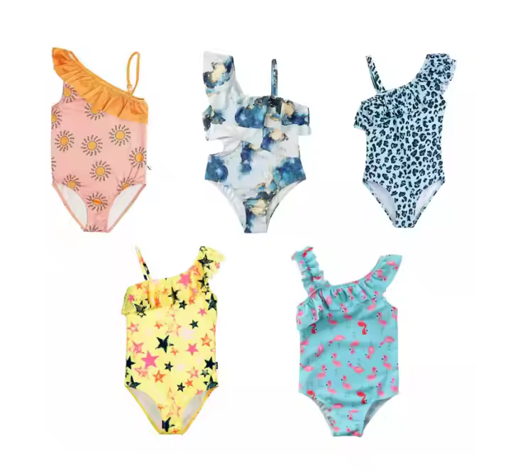 Quick Dry Wholesale New Fashion One Piece Kids Swimwear Single Side Suspender Little Girls Swimsuit