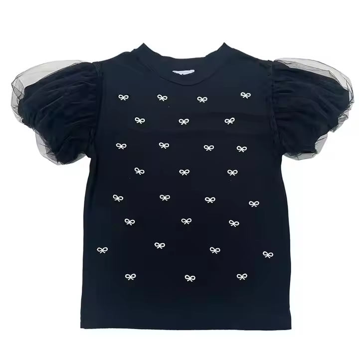 2025 Summer Fashion Toddler Girls T Shirt Top Lace Puff Sleeve Long Pearl Children's Clothing