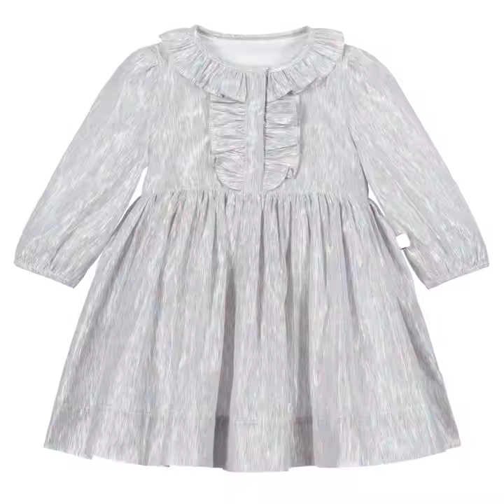Special Fashion Long Sleeve Dress Silver Color Princess Dresses for Girls 5 to 10 Years