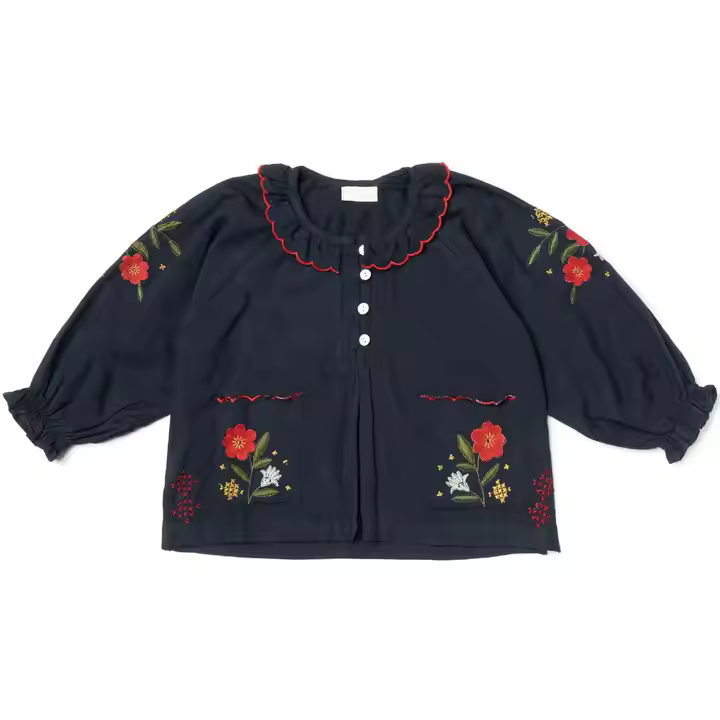 Custom Intricate Flower Embroidery Cotton Girl's Blouse for Girls Toddler Kids Navy or Ivory Puffy Sleeve Girls Blouses&shirts