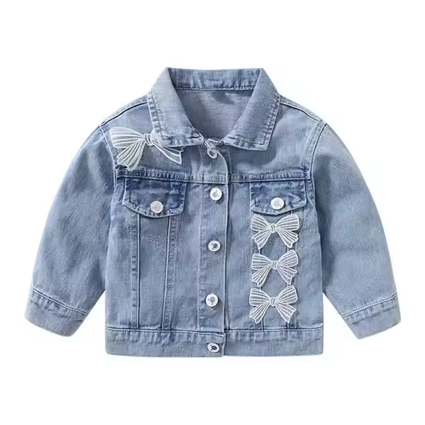 Toddler & Kids Girls Denim Jacket Button Down Jeans Jacket Top With Lace Bowknot