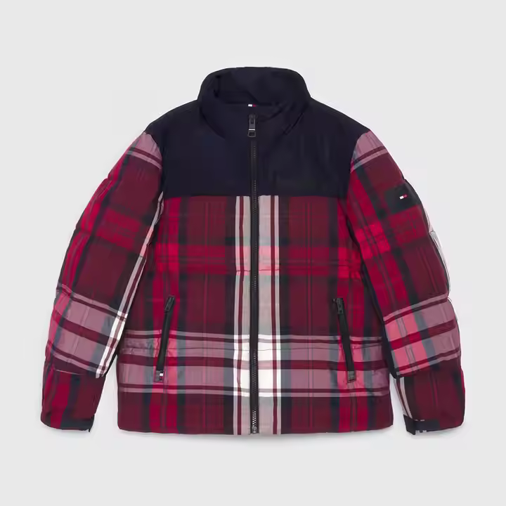 Wholesale Kids Girls Warm Light Puffer Jacket With Removable Hood Gaoteng Customized Children Red Plaid Jacket in Winter