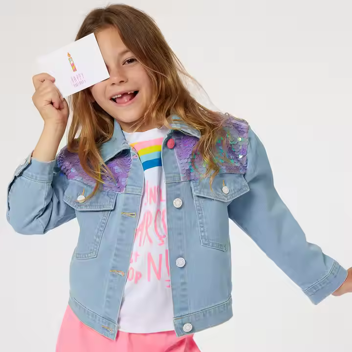 OEM or ODM Light Blue Washed Girls Denim Jacket With Stylish Pink Sequin Detail OEM or ODM Kids Jackets in Stylish Design