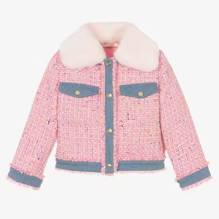 Custom Brand Vintage Style Girls Jackets Fashion Pink Tweed With Denim and Fur Collar Private Label for Kids