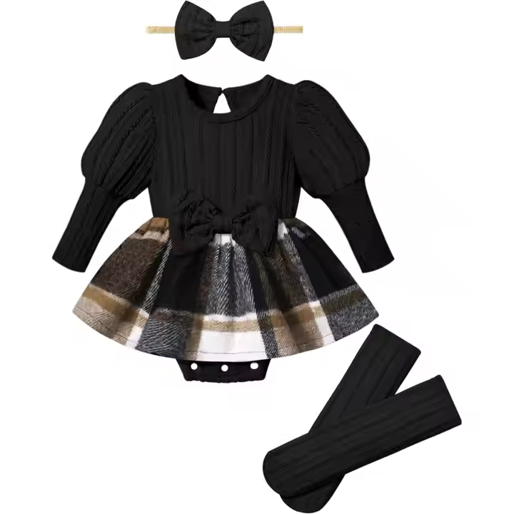 New Fashion Cute Baby Girl Knitting Top and Romper Green Black pink White Plaid Bow Romper