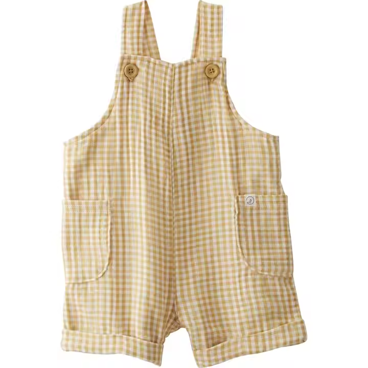 New Fashion Cute Yellow Plaid Sage Light Blue Romper With Wooden Button
