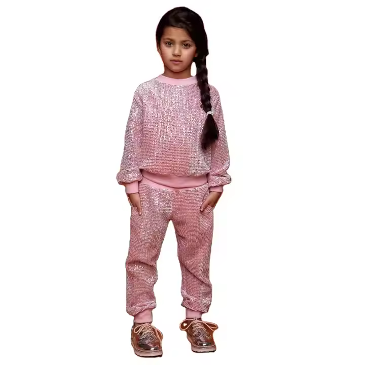 Guangzhou Fashion pink Sequin Two Piece Jogger Tracksuit Set Custom logo Autumn Kids Tracksuit in Creck Neck