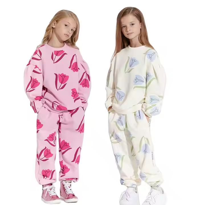 Custom Allover Print Terry Sweatshirt Two Piece Kids Jogger Sets Round Neck Oversize Tulip Print Kids Joggers Sets Girls