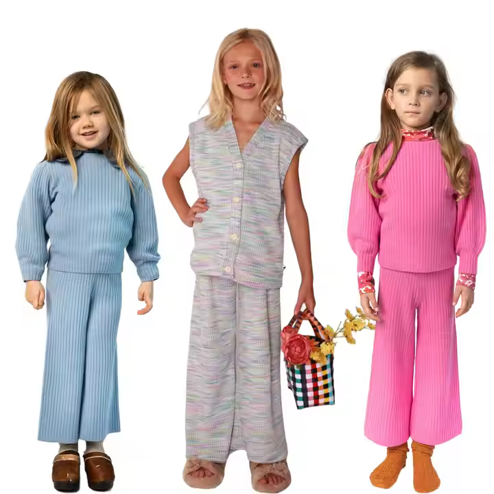 Custom Brand Designer Children Toddler Girls Sweaters Set Pullover With Wide Pants 100% Cotton Knitwear Girls Kids Sweater Set