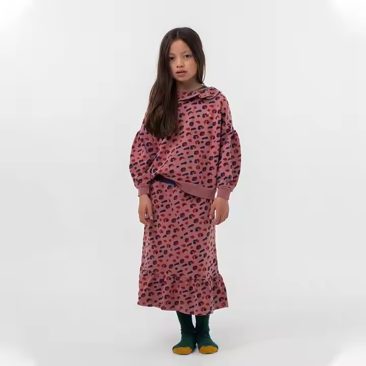Custom Fall Children Wears Pullover Sweatshirt Dresses Sets Leopard Kids Clothes Sets 100% Cotton Youth Girls Clothing Set