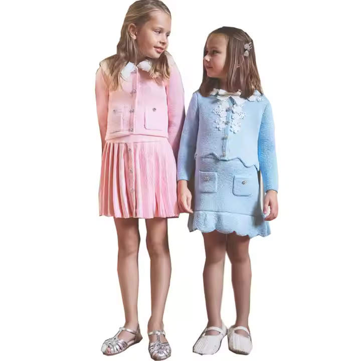 2024 Winter Trend Children Clothing Custom Design Pink Jacket and Pleated Skirt Girl Clothes Sets Toddler 4 to 6 Years
