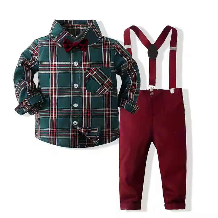 Customization Boy's Clothing Set Shirt Plaid Pattern Bow tie Gentleman Suspender Pants
